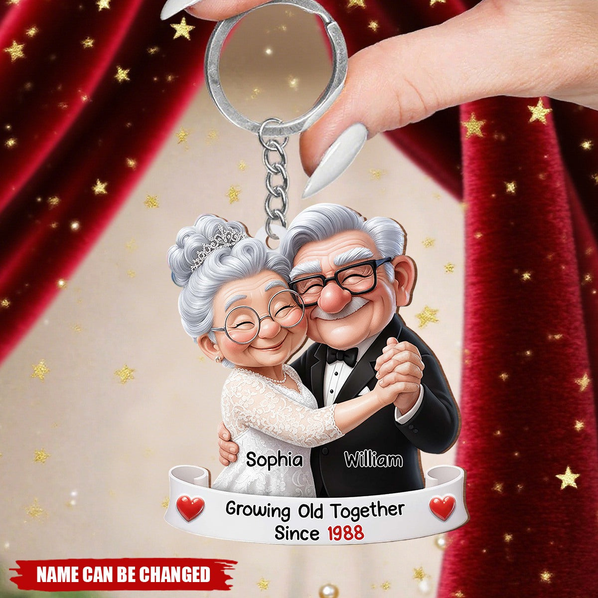 Growing Old Together, Elderly Couple With Heart, Custom Wood Keychain