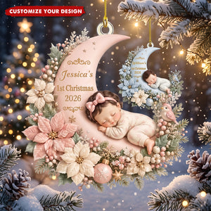 First Christmas Baby Boy Girl on Floral Moon - Personalized Acrylic Ornament - Christmas Gift for New Mom, Dad