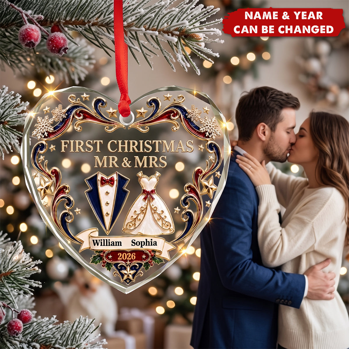 Custom First Christmas Heart Glass Ornament - Personalized Anniversary Christmas Wedding Gifts