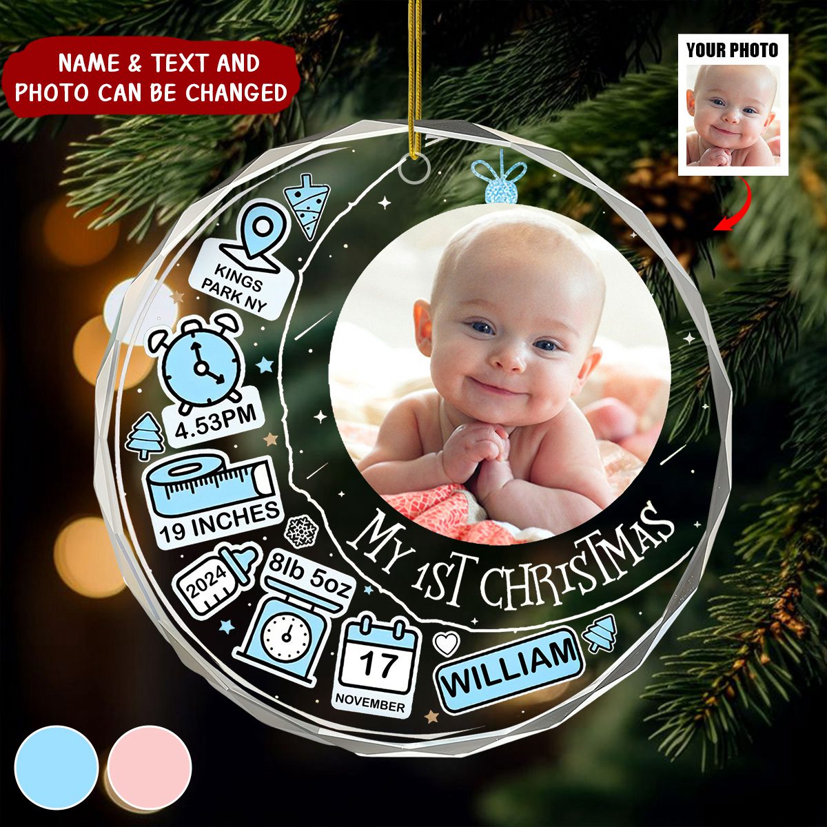 Custom Photo Baby First Christmas Information Icon - Personalized Circle Glass Ornament