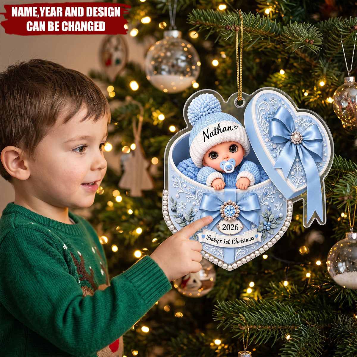 Personalized Baby’s First Christmas Ornament , Custom Name Heart Acrylic Ornament