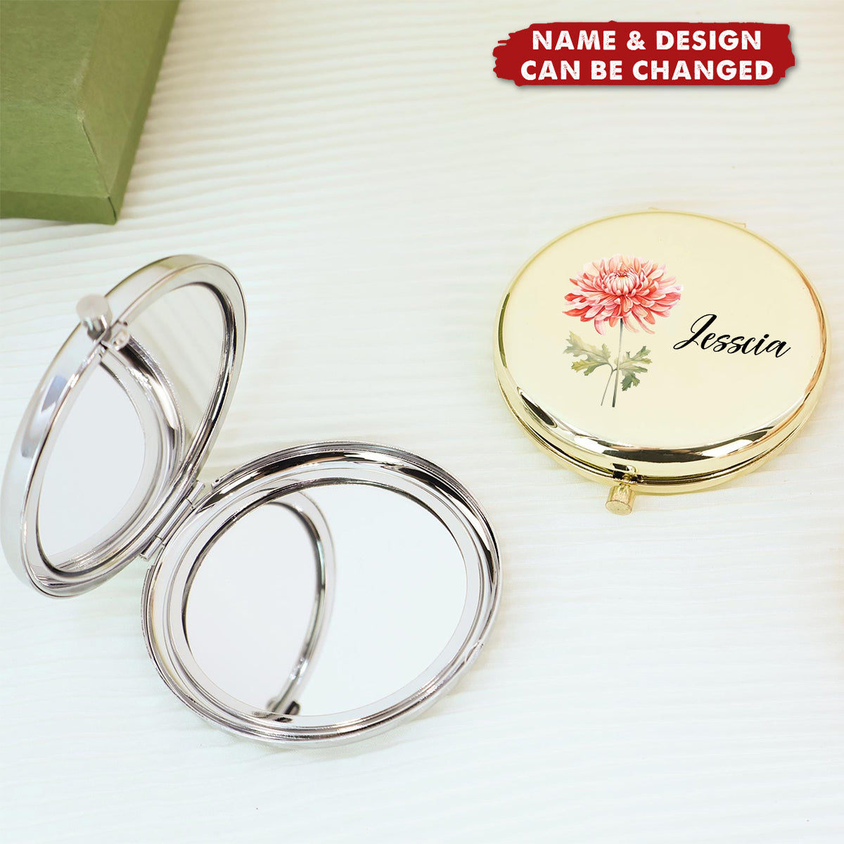 Custom Compact Mirror with Birth Flower, Personalized Name Pocket Mirror