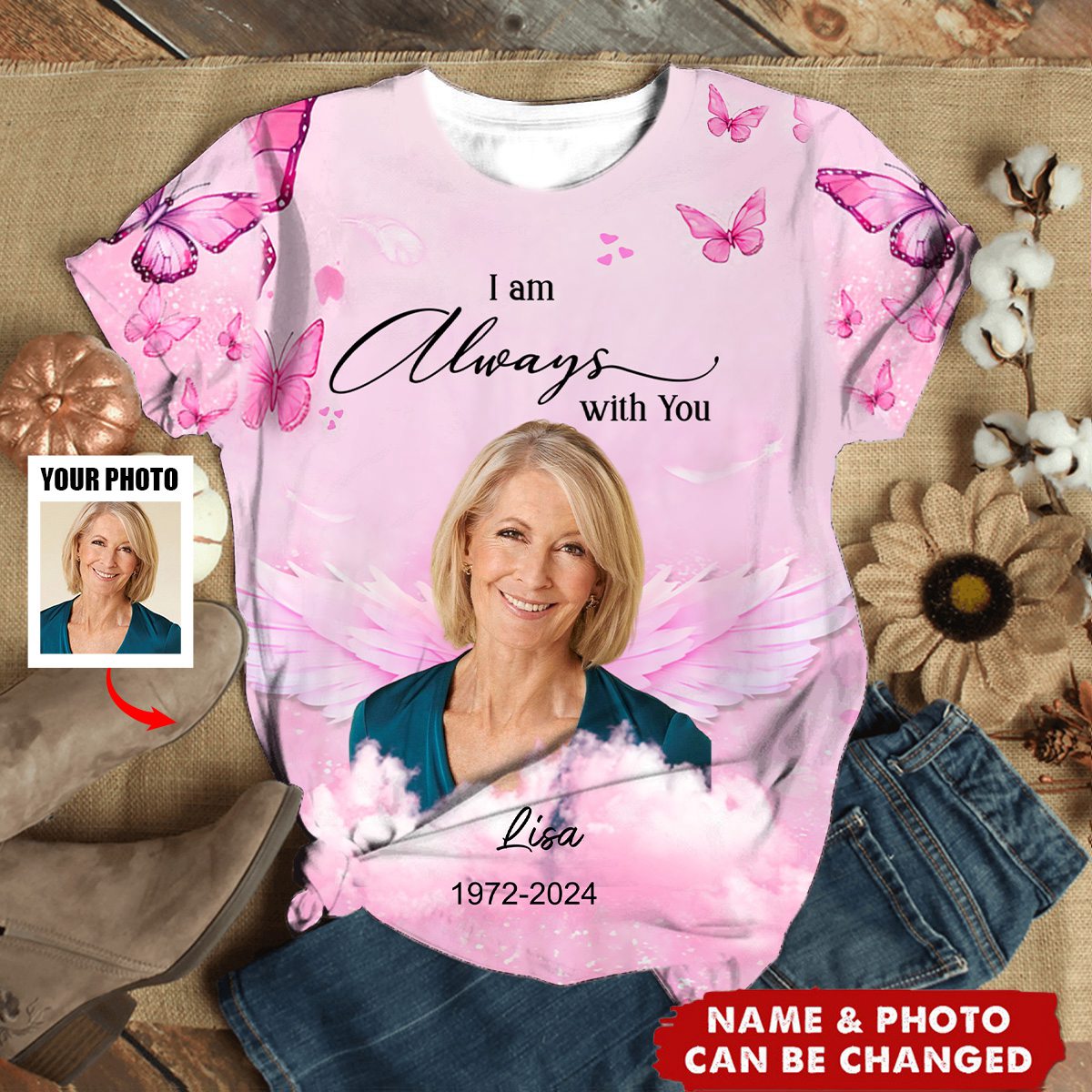 Memorial Pinky Butterfly Wings Upload Photo, A Big Piece Of My Heart Lives In Heaven Personalized 3D T-Shirt