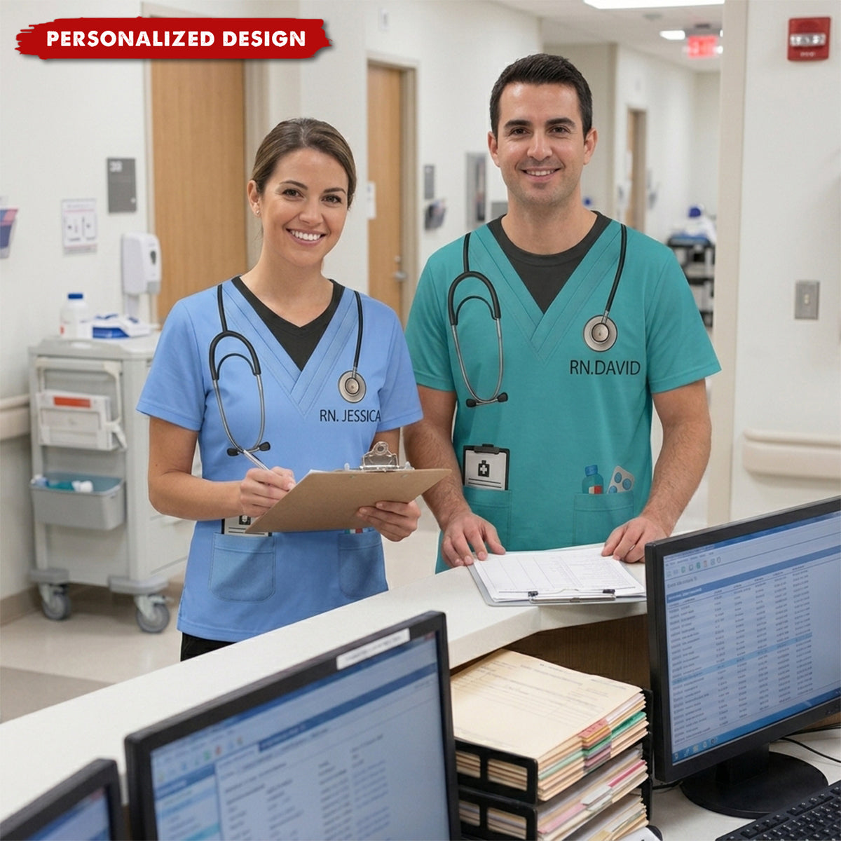 Customizable Nursing Themed T-Shirt With Stethoscope and Medical Badge, Gift For Nurses