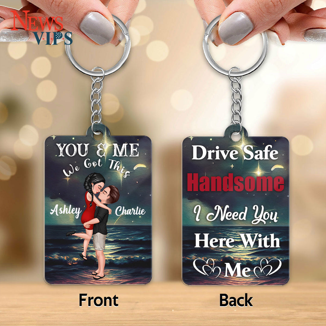 Hugging Kissing Doll Couple Under Stars Sky - I Need You - Personalized Acrylic Keychain