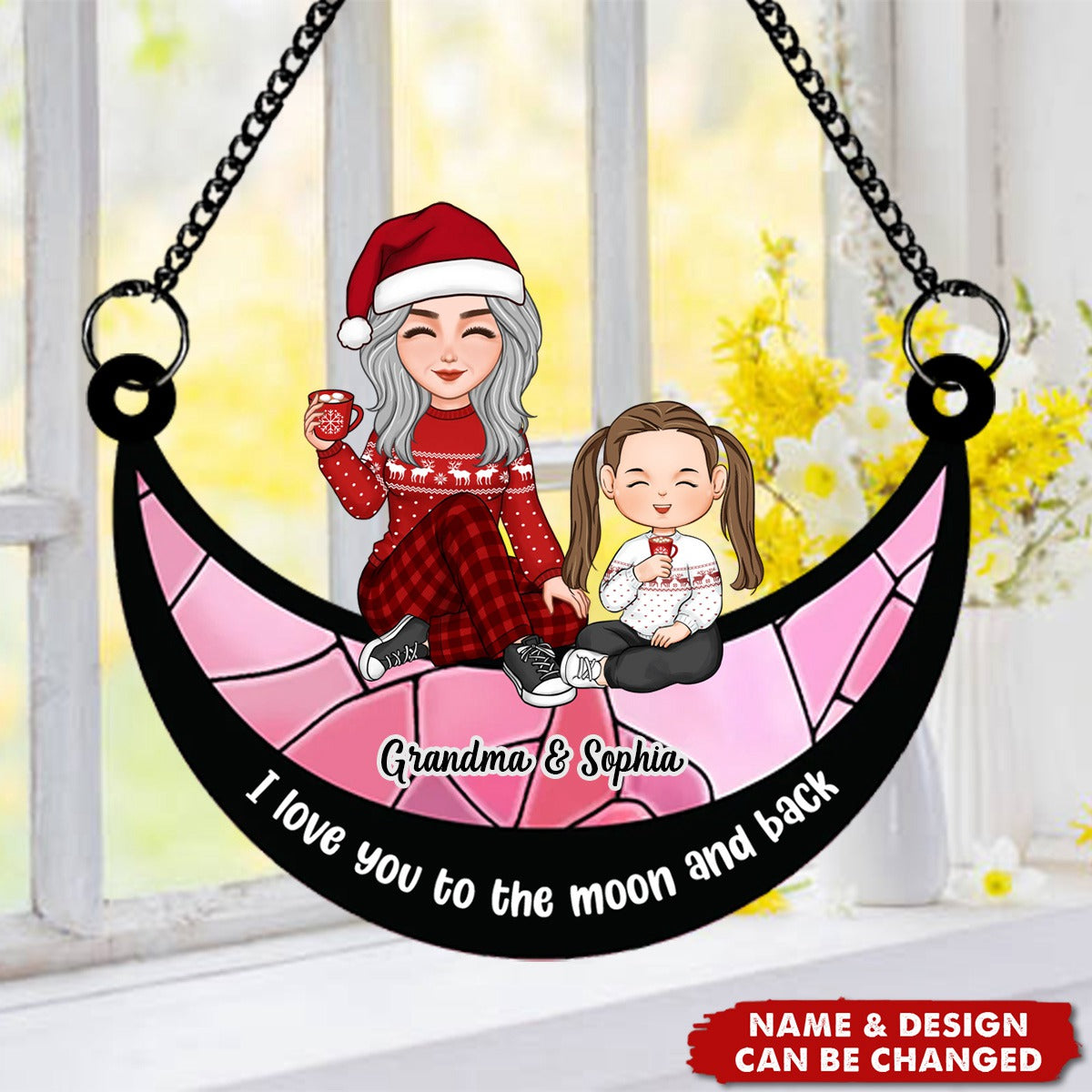 Grandma Grandkid On Moon Personalized Window Hanging Suncatcher Ornament, Christmas Gift For Granddaughter Grandson