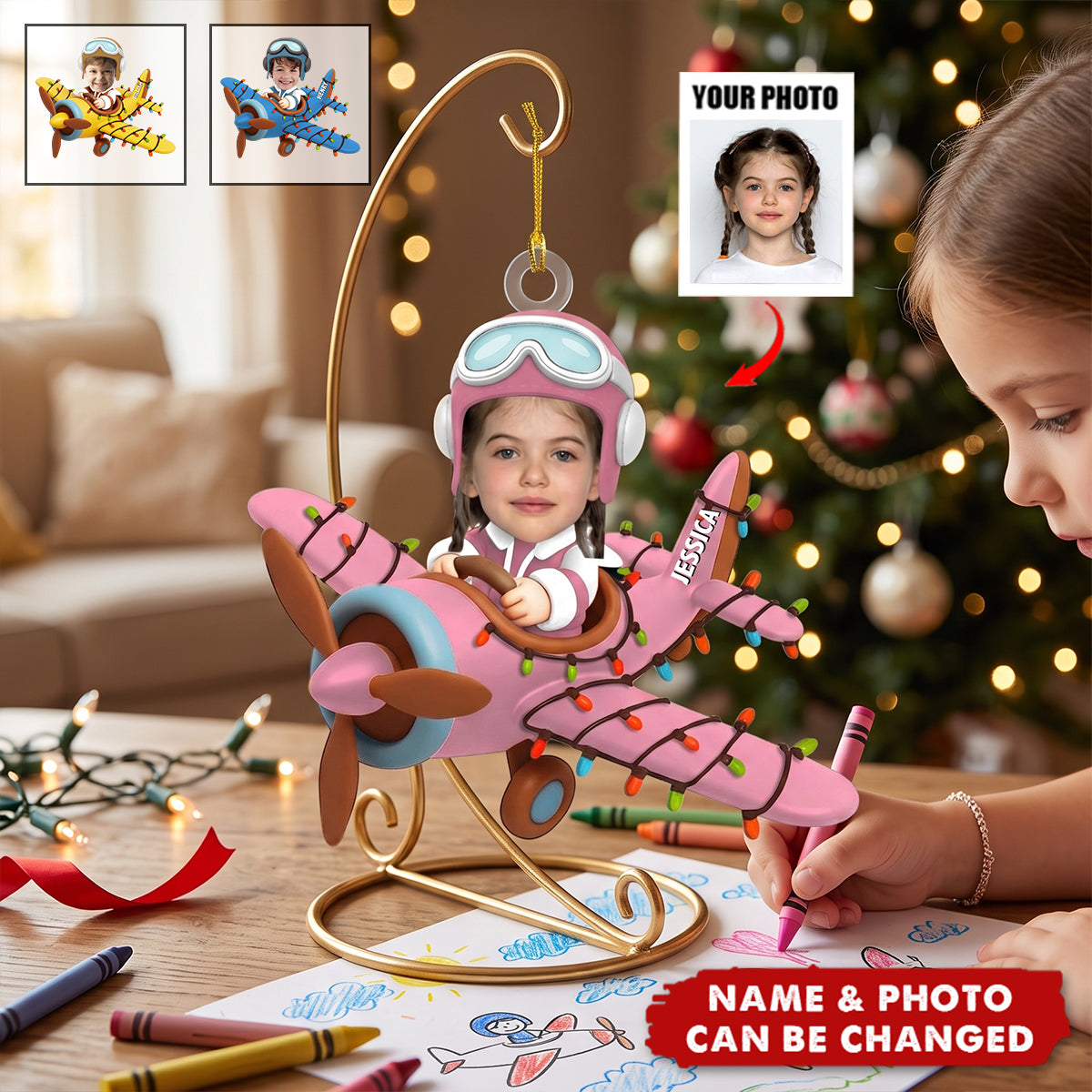 Custom Photo Funny Kid Face Airplane - Personalized 1-Layer Acrylic Ornament