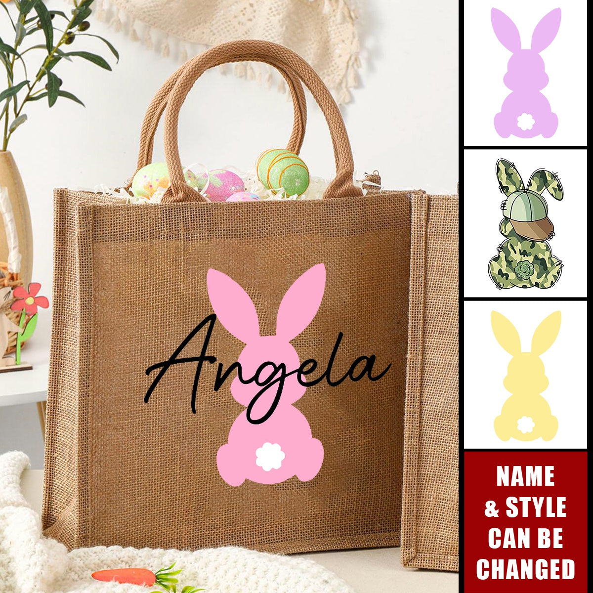 Personalized Egg Hunt Jute Tote Bag Easter Bunny Basket