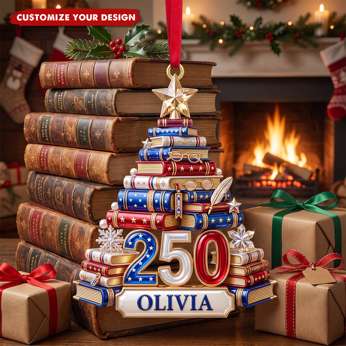 Book Stack Christmas Tree Ornament - Personalized 250th Anniversary Gift For Book Lovers