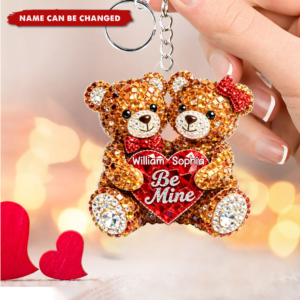 3D Effect Rhinestones Bear Couple - Personalized Acrylic Keychain