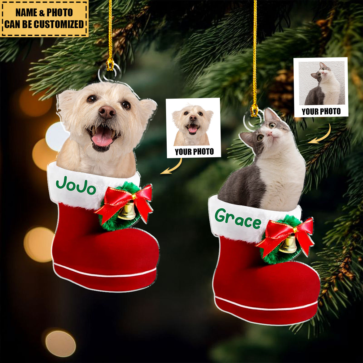 Custom Photo Dog Cat In Santa Boot Personalized Acrylic Ornament