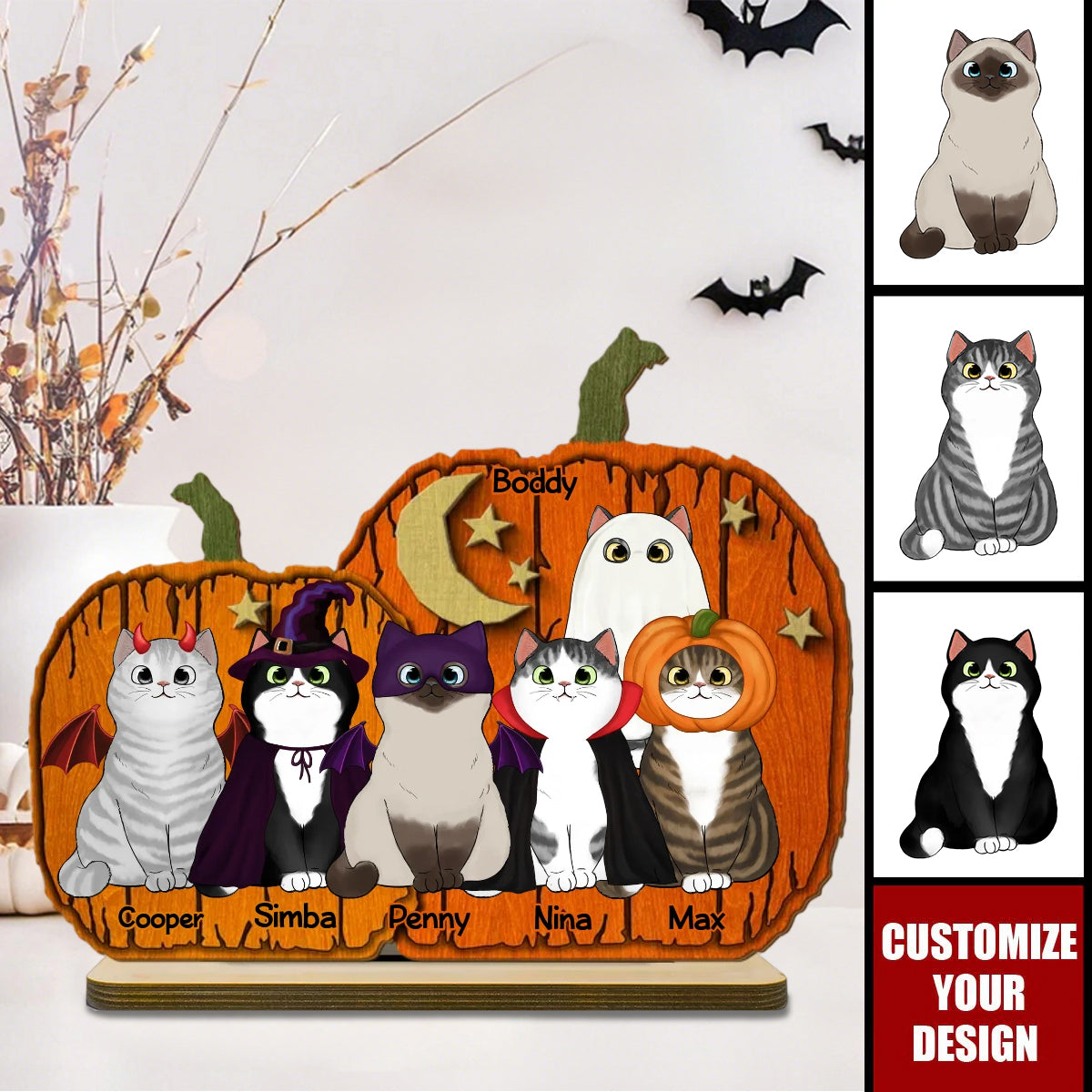 Halloween Cat Pumpkin Shaped Pesonalized 2-Layer Standing Wooden Plaque