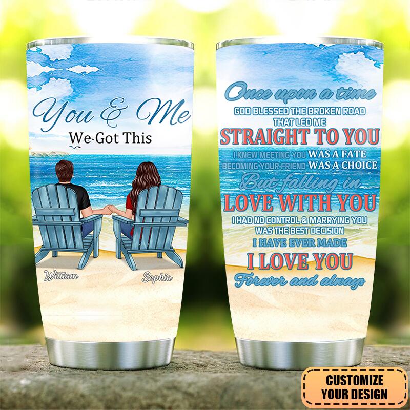 Back View Couple Sitting Beach Landscape Personalized Custom Glitter Tumbler Gift For Husband Wife Anniversary