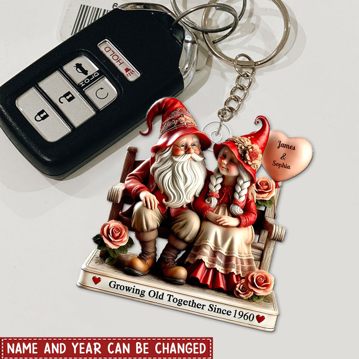 3D Effect Dwarf Old Couple Sitting On Bench Personalized Keychain, Valentine's Day Gift For Couple