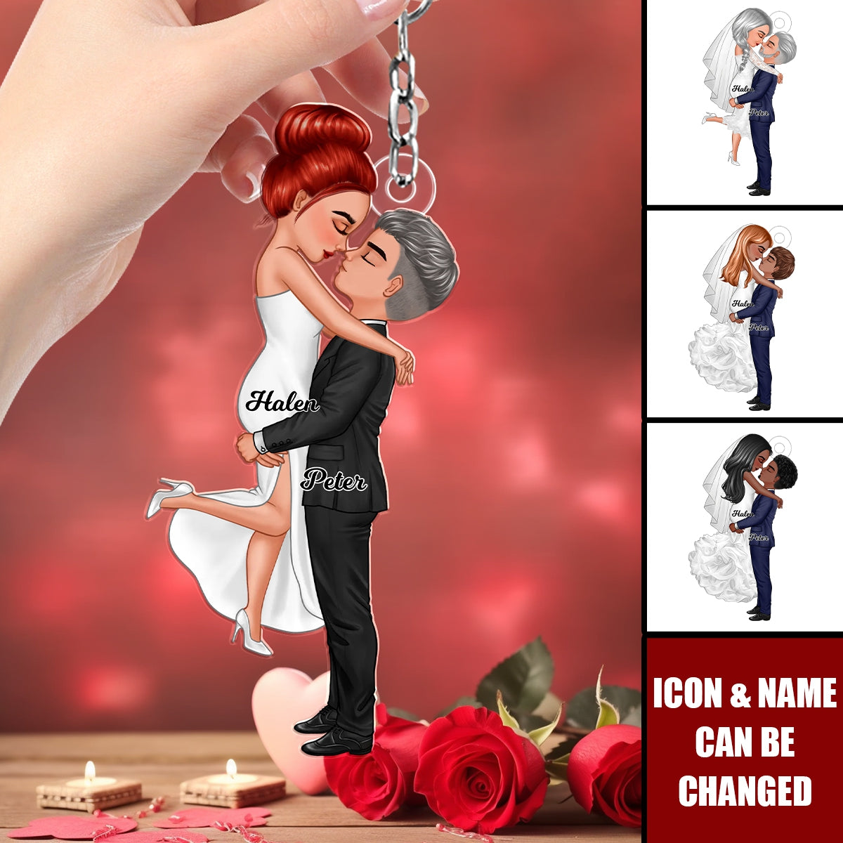 Groom & Bride Hugging Kissing Couple Acrylic Keychain, Anniversary Valentine Wedding Gift