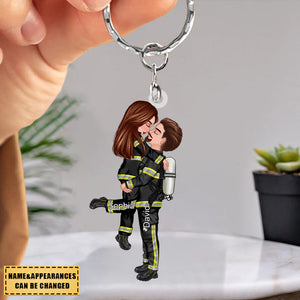 Personalized Keychain, Couple Portrait Firefighter Gifts by Occupation