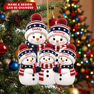 Patriotic Snowman Family Personalized Acrylic Ornament - Custom Christmas Keepsake