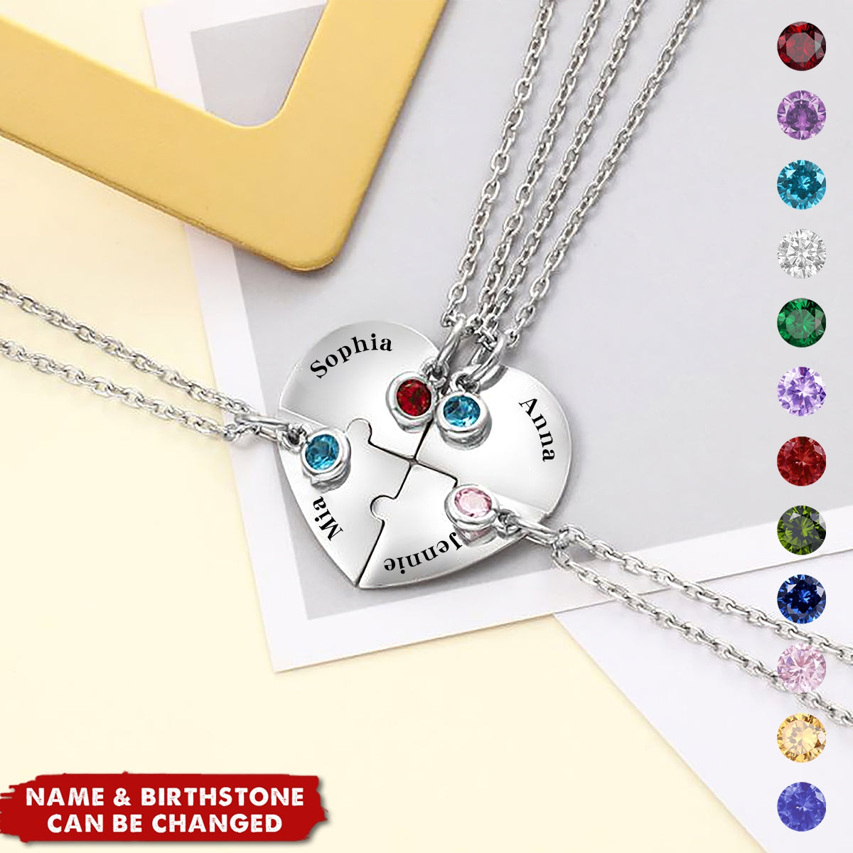 Best Friend Family Simulated Birthstone Heart Personalized Puzzle Name Necklace