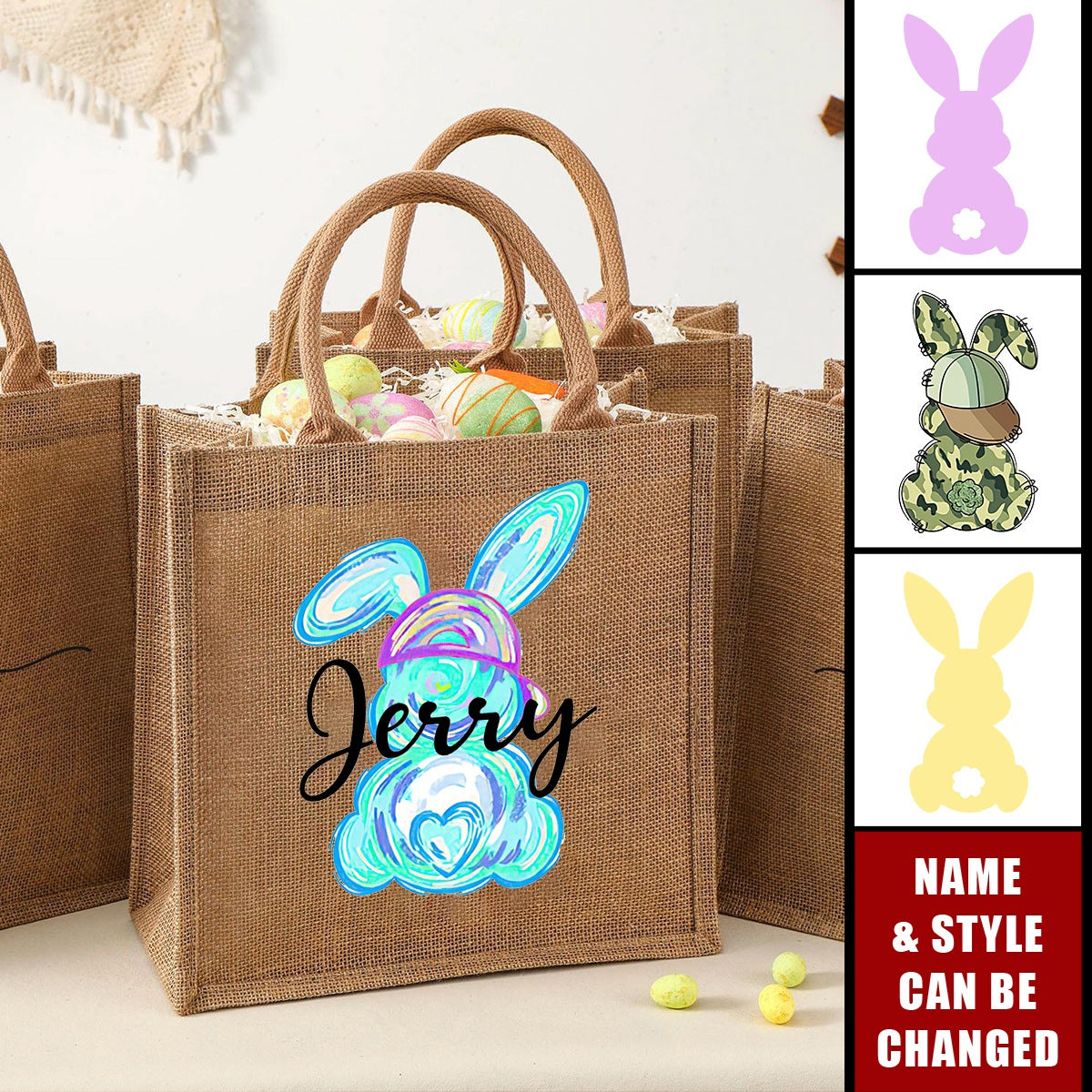 Personalized Egg Hunt Jute Tote Bag Easter Bunny Basket