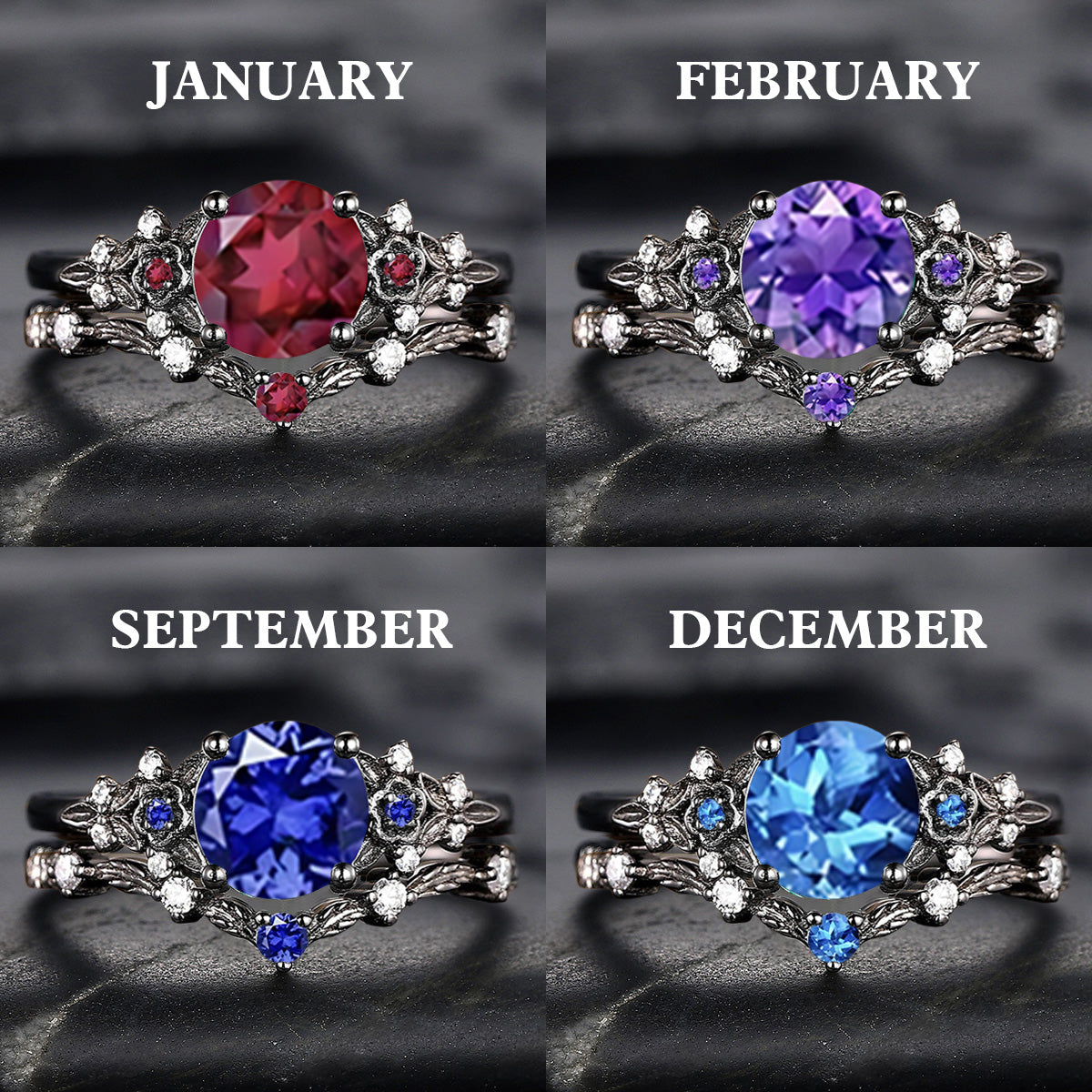 Unique Round Shape Custom Birthstone Stacking Rhodium Black Rings, Gift For Women