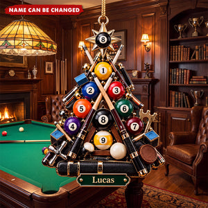 Custom Name Pool Tree Ornament, Unique Billiards Lover Holiday Decor, 8 Ball Cue Stick Pendant, Xmas Decor for Player, Gamer Keepsake