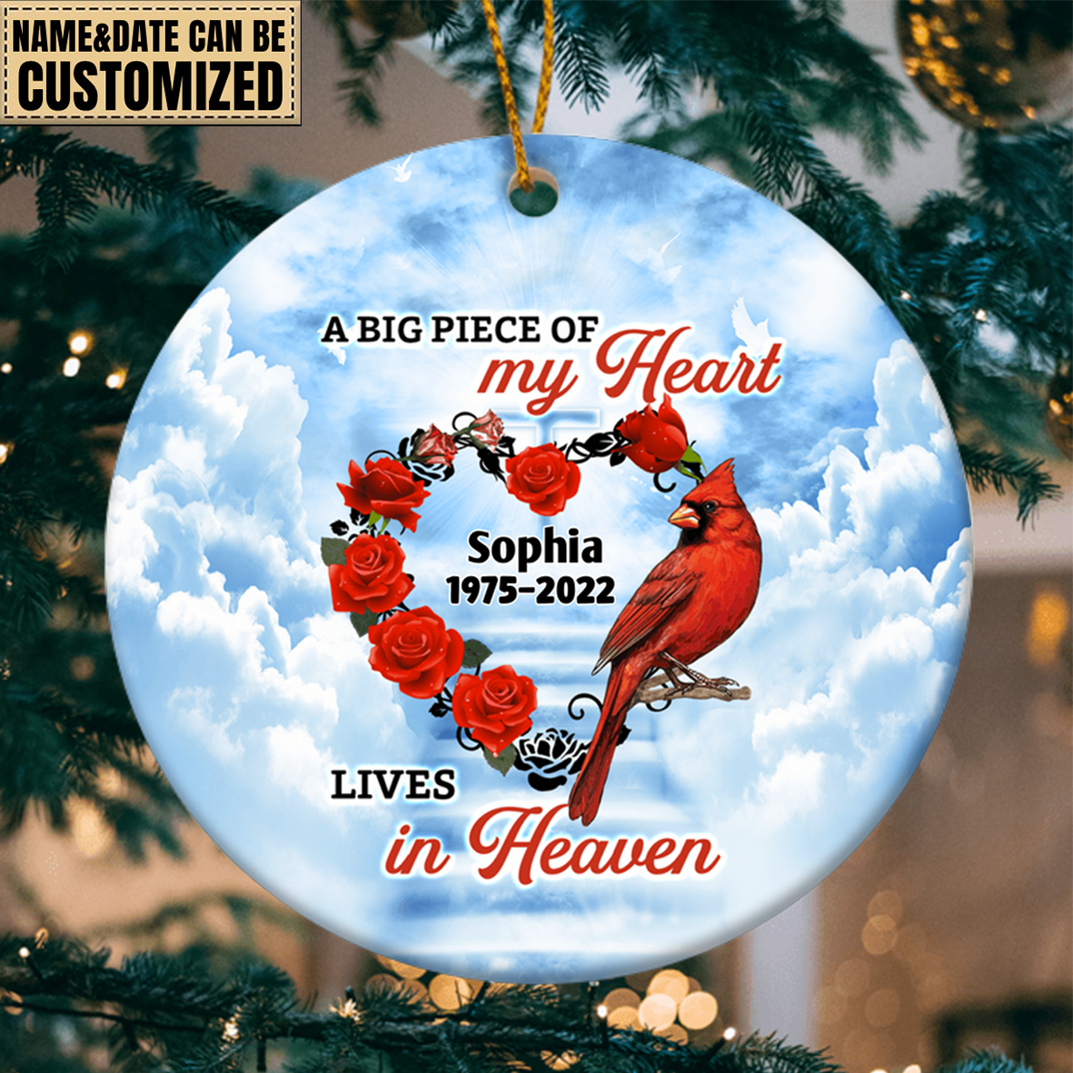 Heaven Cardinal Heart Memorial Personalized Circle Ornament
