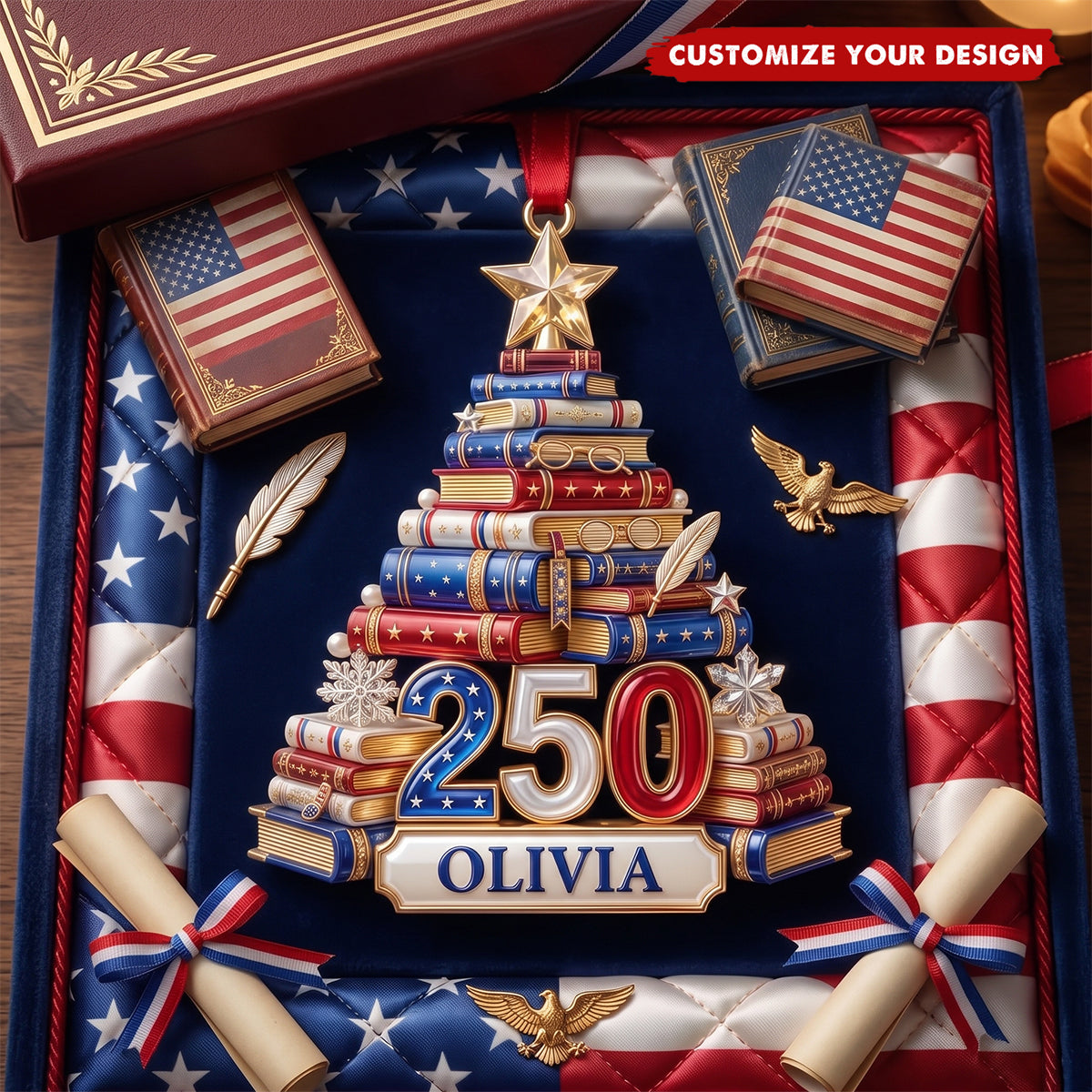 Book Stack Christmas Tree Ornament - Personalized 250th Anniversary Gift For Book Lovers
