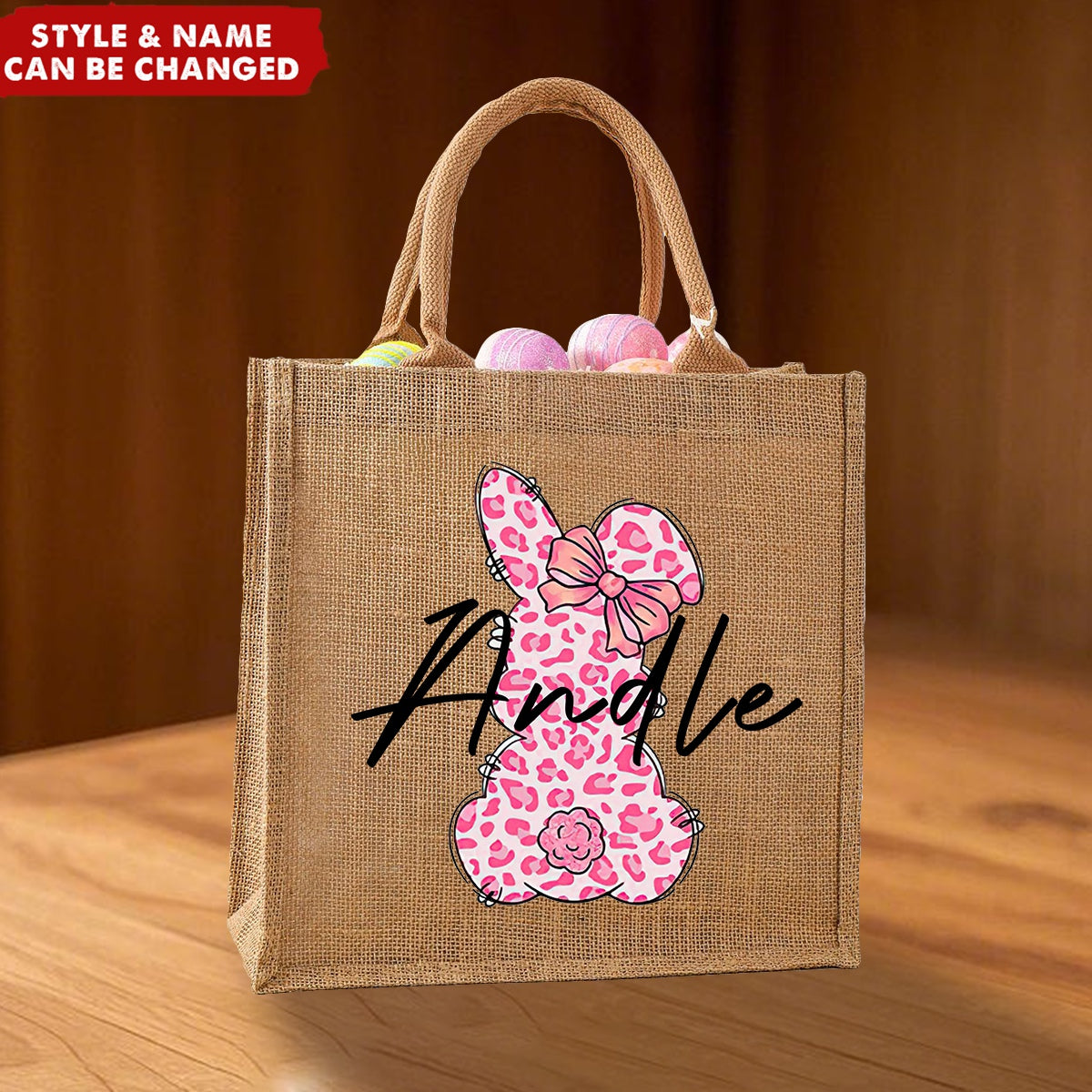 Personalized Egg Hunt Jute Tote Bag Easter Bunny Basket