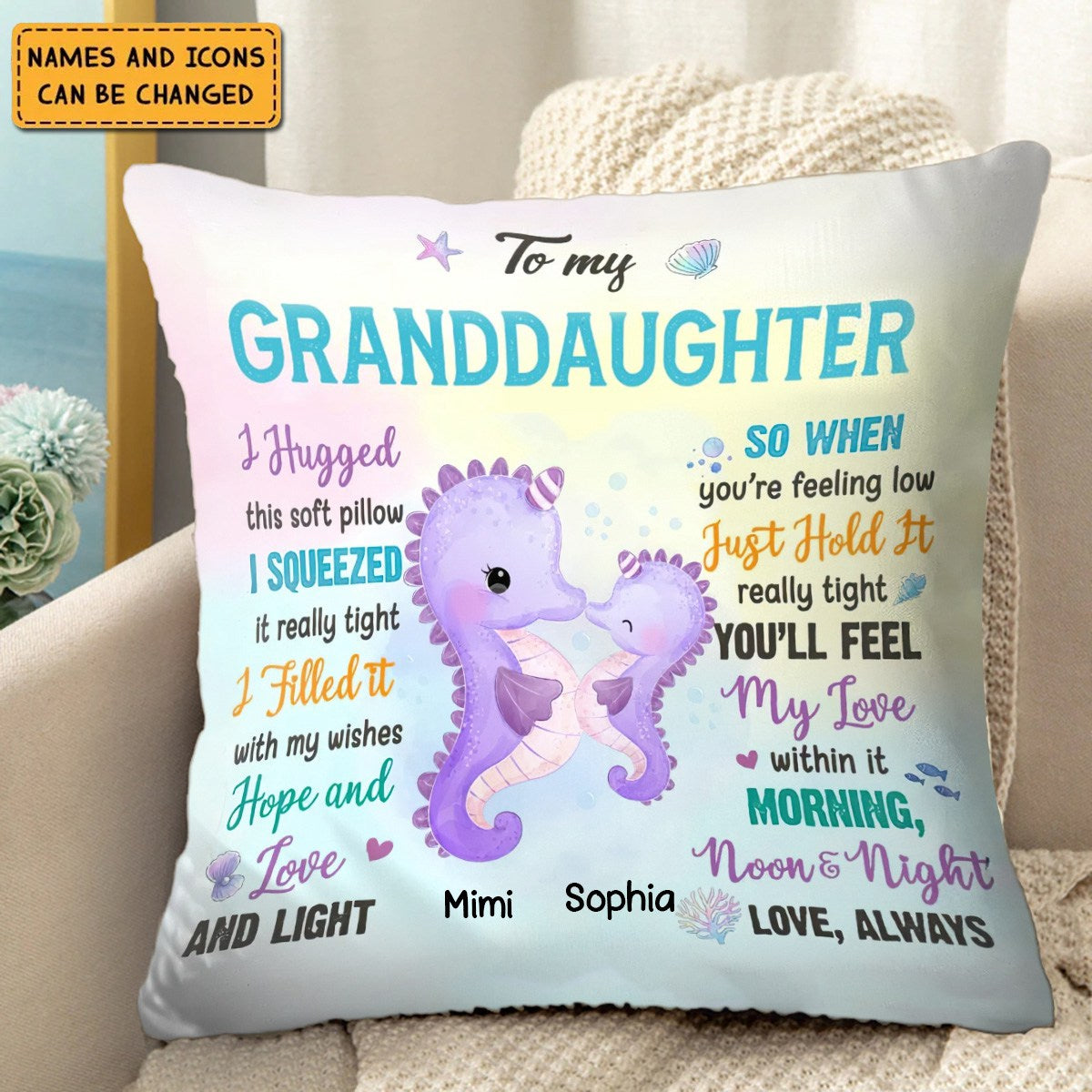 Personalized Granddaughter Gift Cute Seahorse Ocean Pillow