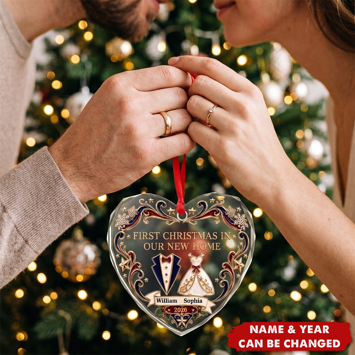 Custom First Christmas Heart Glass Ornament - Personalized Anniversary Christmas Wedding Gifts