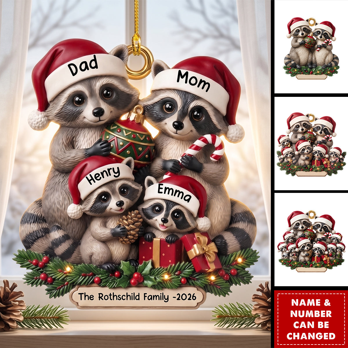 Lovely Raccoon Family Acrylic Ornament - Personalized Christmas Gifts For Family