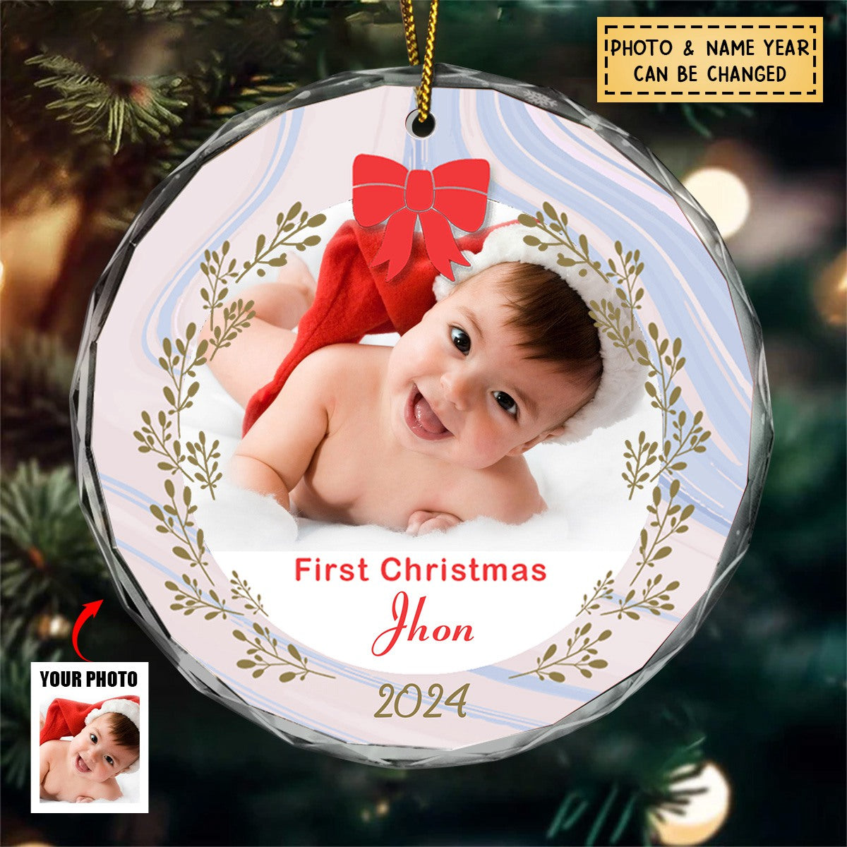 Custom Photo First Christmas - Personalized Circle Glass Ornament