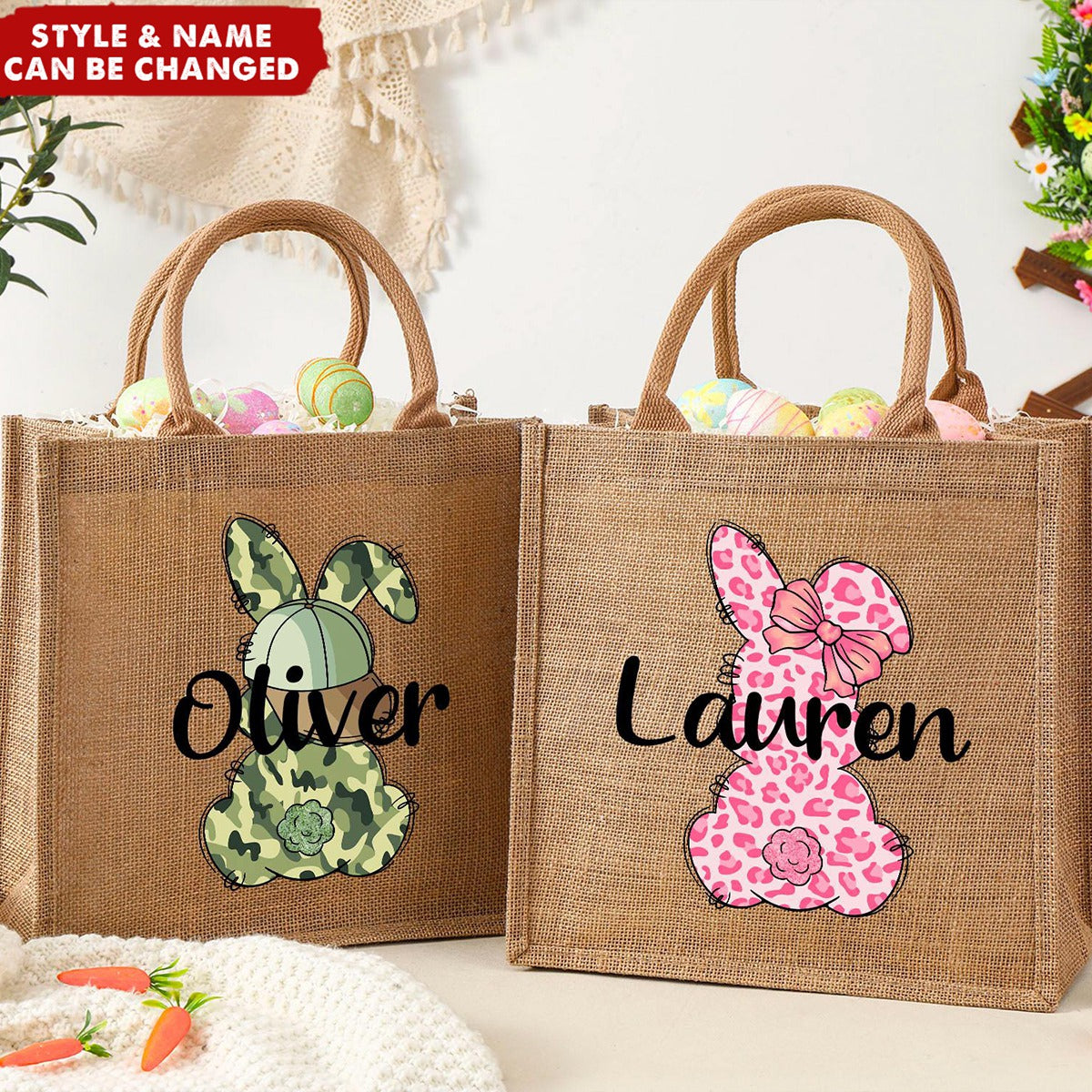 Personalized Egg Hunt Jute Tote Bag Easter Bunny Basket