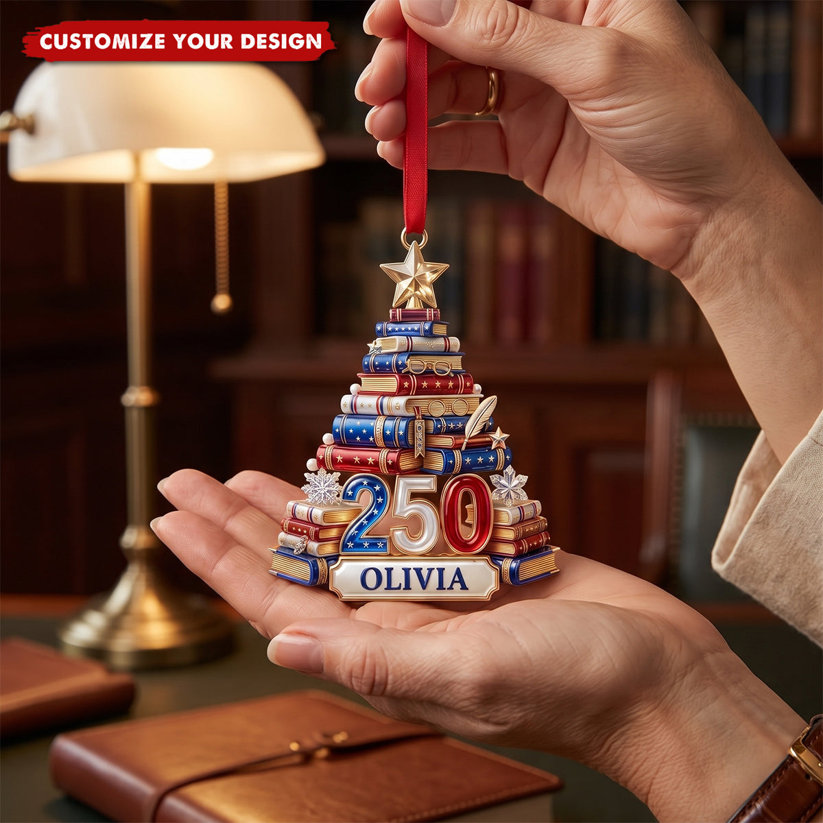 Book Stack Christmas Tree Ornament - Personalized 250th Anniversary Gift For Book Lovers