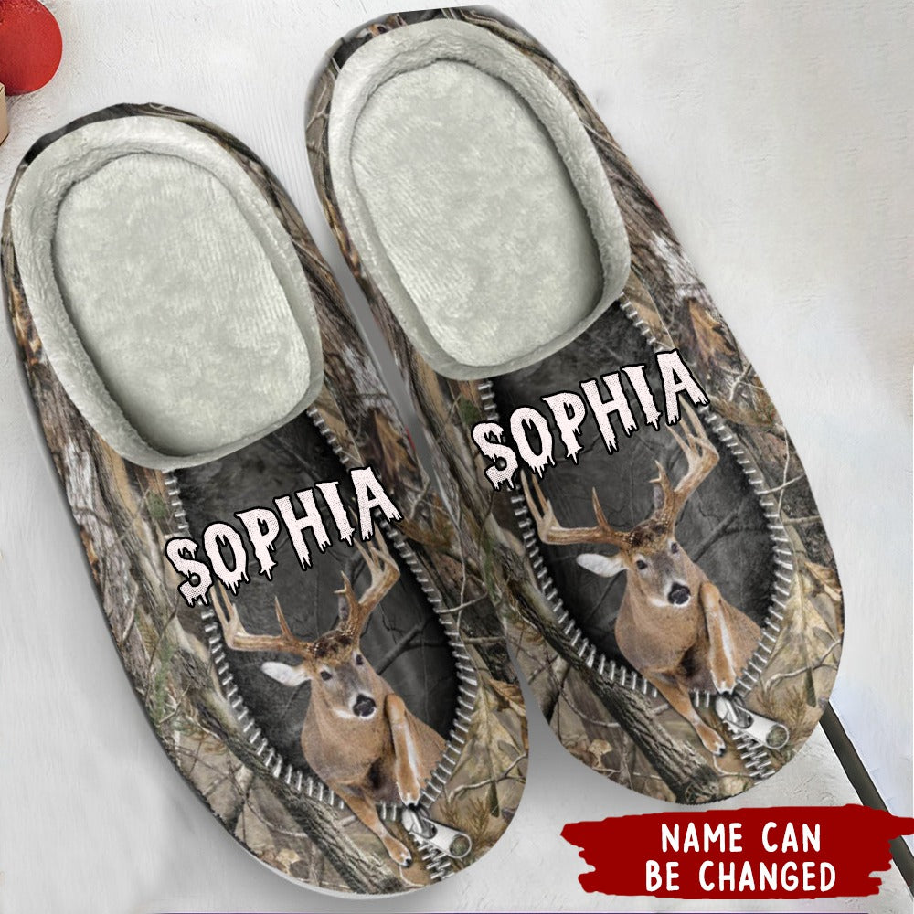 Deer Hunter Forest Zipper Personalized Indoor Plush Slippers