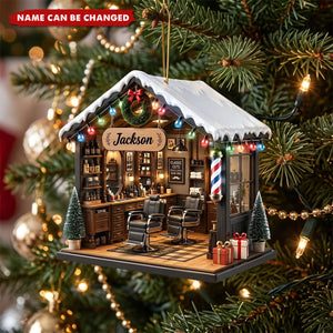 Personalized Barber Shop Ornament, Custom Name Acrylic Flat Ornament, Barbershop Christmas Gift, Custom Barber Name Sign
