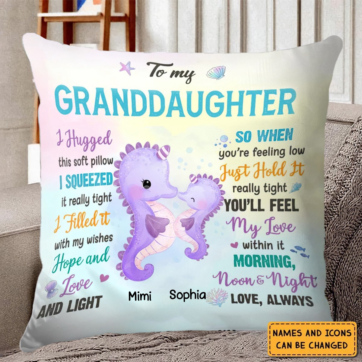 Personalized Granddaughter Gift Cute Seahorse Ocean Pillow