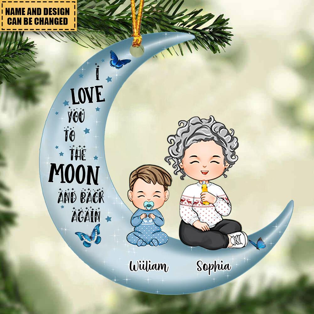 Grandma And Grandkids Sitting  On Moon Christmas Gift Personalized Acrylic Ornament