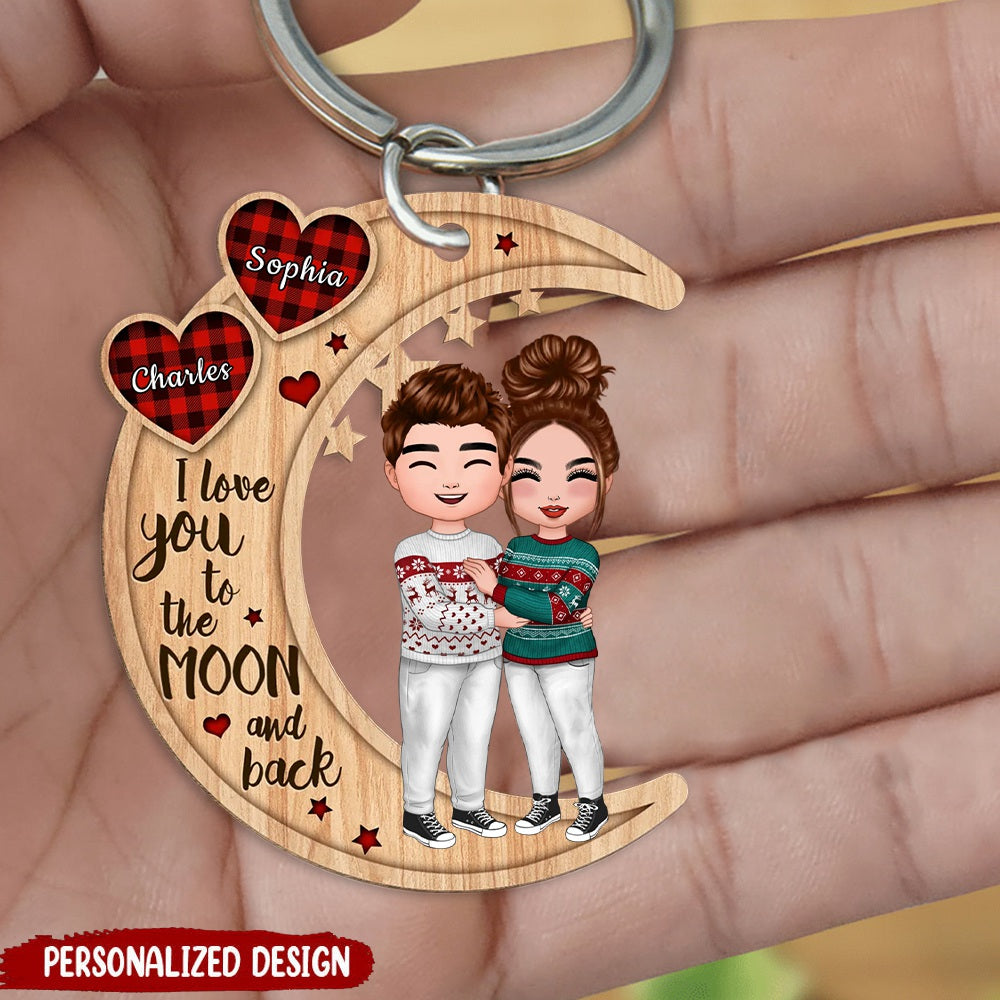 Christmas Doll Couple Standing Hugging Personalized Keychain