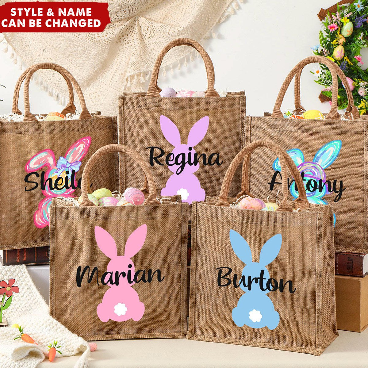 Personalized Egg Hunt Jute Tote Bag Easter Bunny Basket