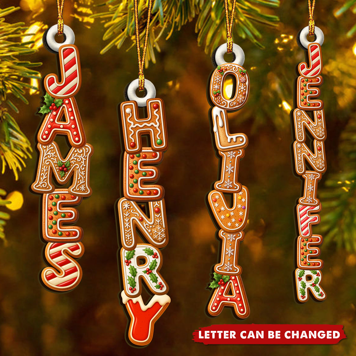Gingerbread Letter With Name For Family Kids -  Personalized Family Wooden Ornament