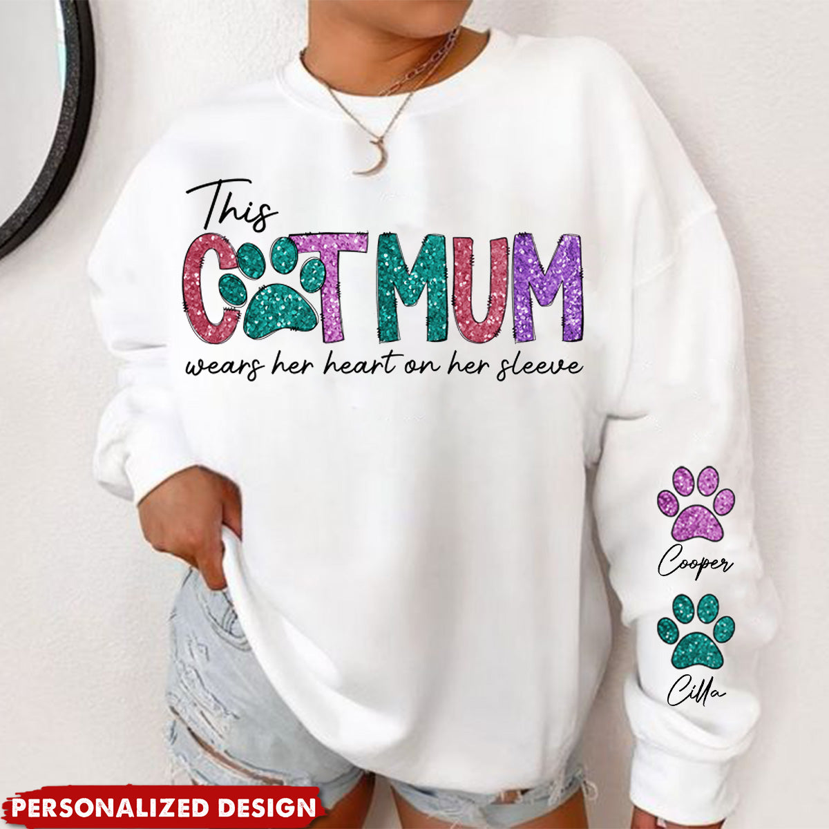 This Fur Mom Wears Her Heart On The Sleeve - Dog & Cat Personalized Unisex Sweatshirt With Design On Sleeve - Gift For Pet Lovers