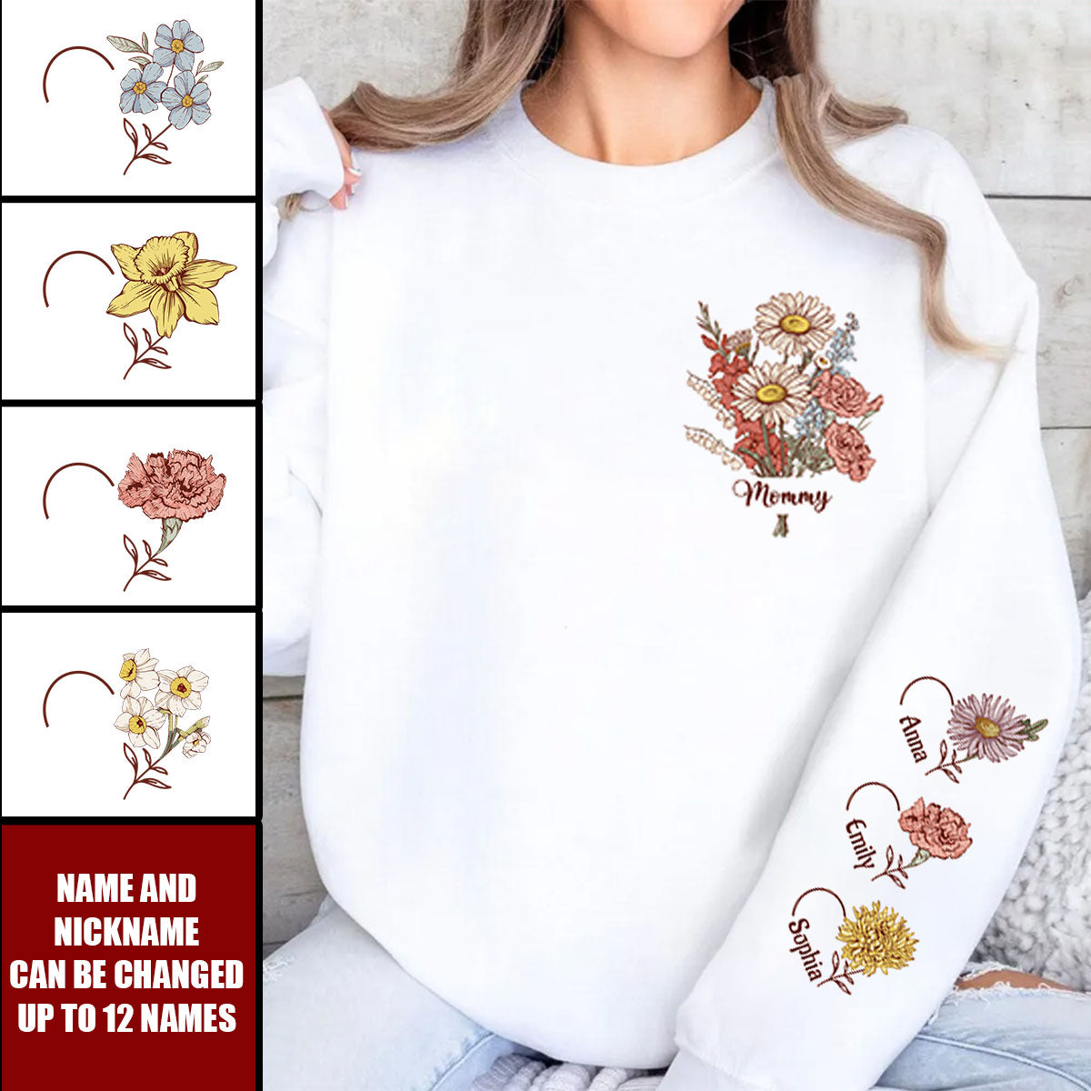 Custom Birth Month Flower On Sleeves For Mom, Grandma - Personalized Sweatshirt