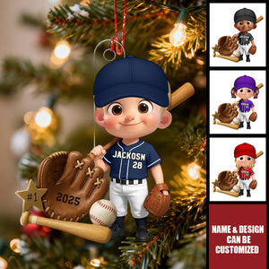 Baseball Player With Baseball Mitt Bat Ball - Personalized Acrylic Ornament, Gift For Kids, Grandkids