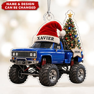 Personalized Monster Truck Christmas Acrylic Ornament, Custom Name Ornament, Santa Truck Xmas Gift for Kids