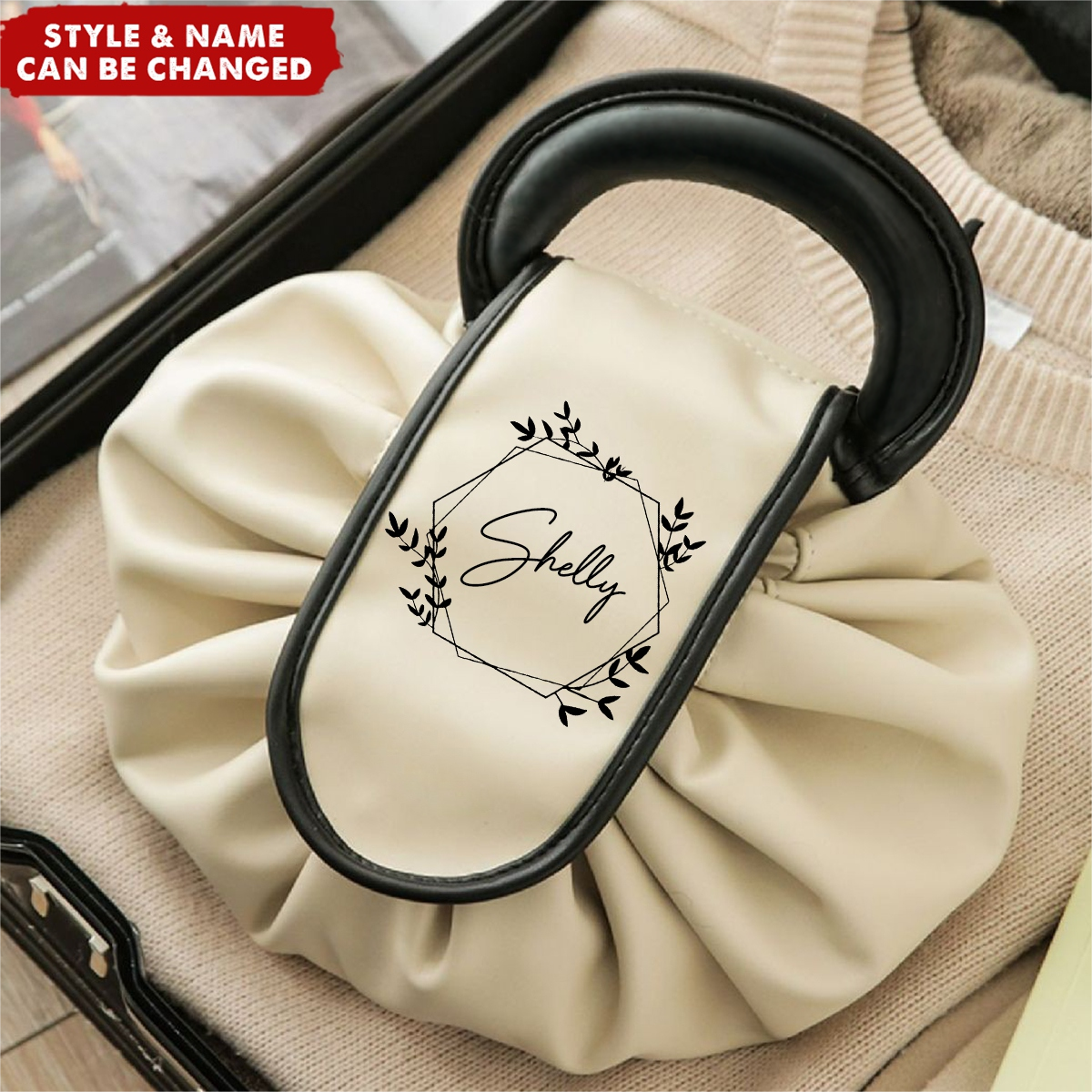 Drawstring Personalized Name Leather Travel Organizer Makeup Bag