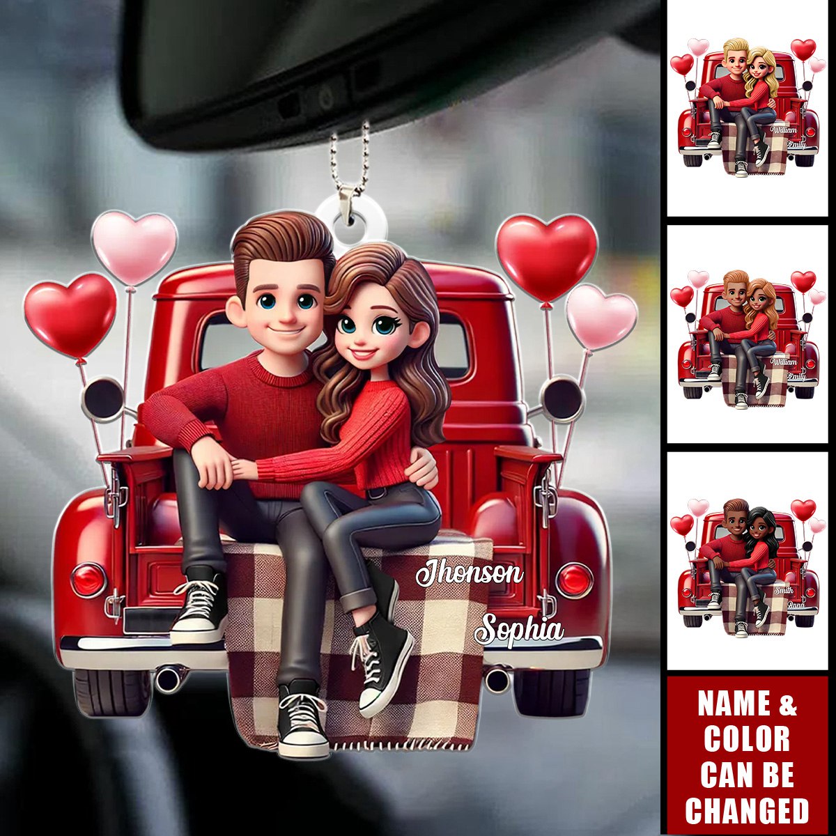 3D Effect Couple Sitting On Red Truck Personalized Acrylic Car Hanger Ornament, Valentine's Day Gift, Anniversary Gift For Couples