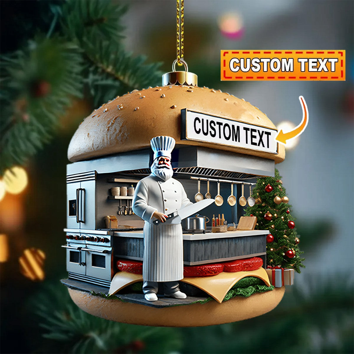 Custom Name Hamburger Shop Ornament, Hot Dog Santa Christmas Gift