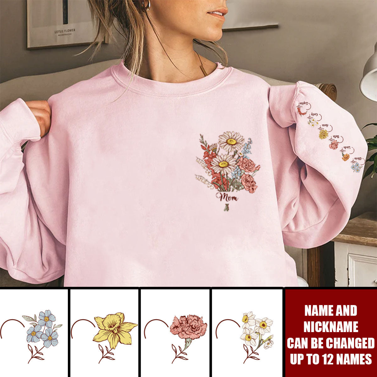 Custom Birth Month Flower On Sleeves For Mom, Grandma - Personalized Sweatshirt