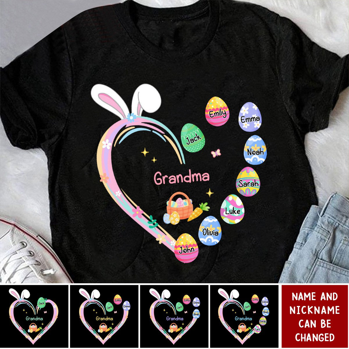 Grandma Easter Heart With Grandkids Bunny - Personalized T-Shirt - Easter, Birthday, Loving, Funny Gift for Grandma